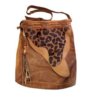 Cul-de-Sac Large Leather Hobo Bag Faux Giraffe Accents Tassels Made in Italy VTG